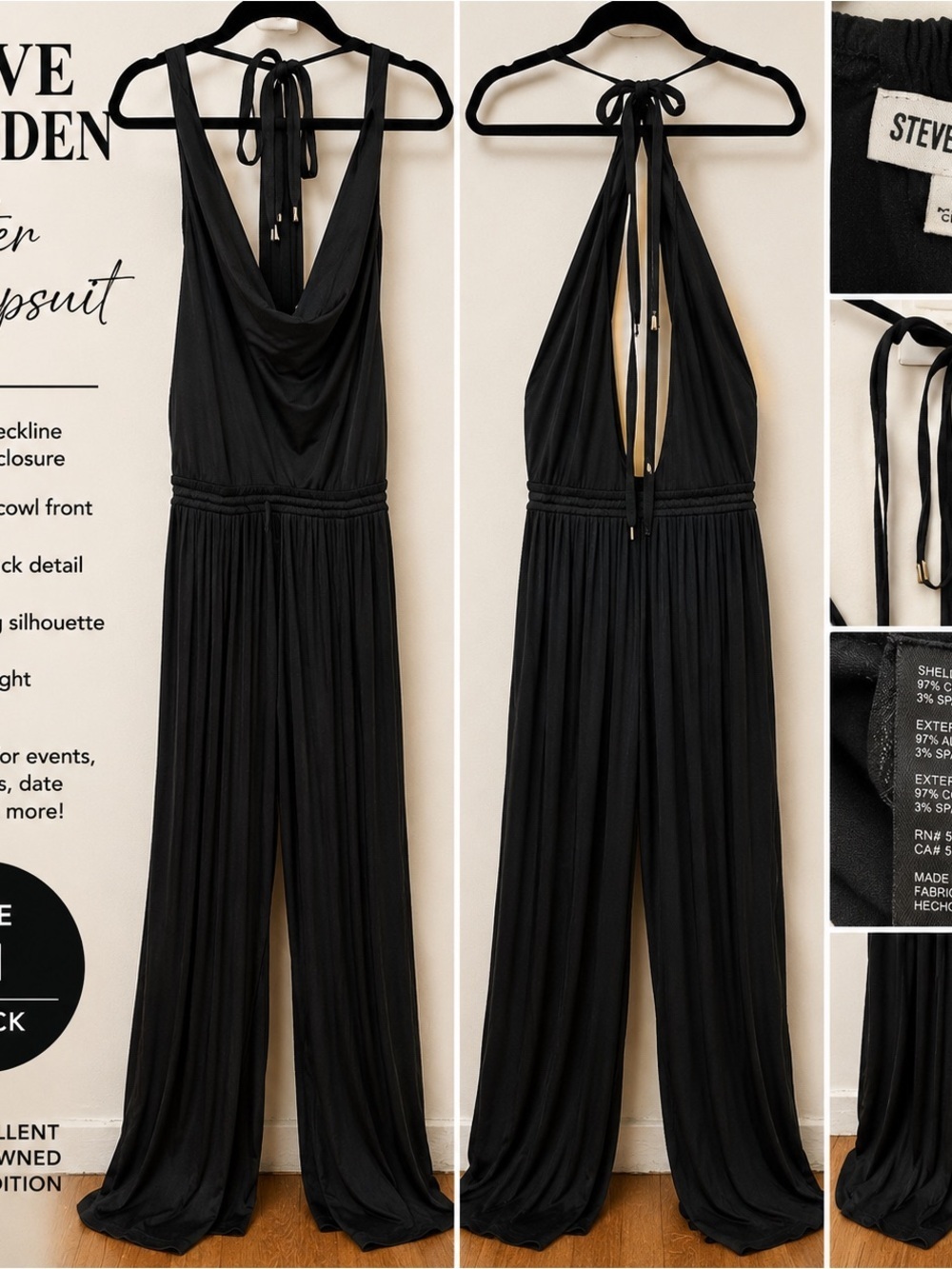 Steve Madden Black Halter Cowl-Neck Wide-Leg Jumpsuit